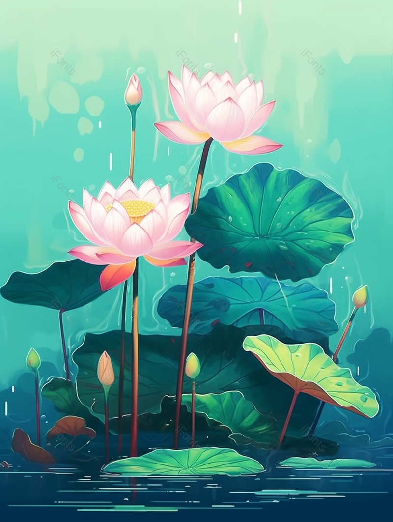 夏季夏天夏至下雨天雨水水塘池塘荷塘荷花荷叶莲花浮萍绿色插画,插画/手绘图,插画/手绘图库,插画/手绘图下载,插画/手绘